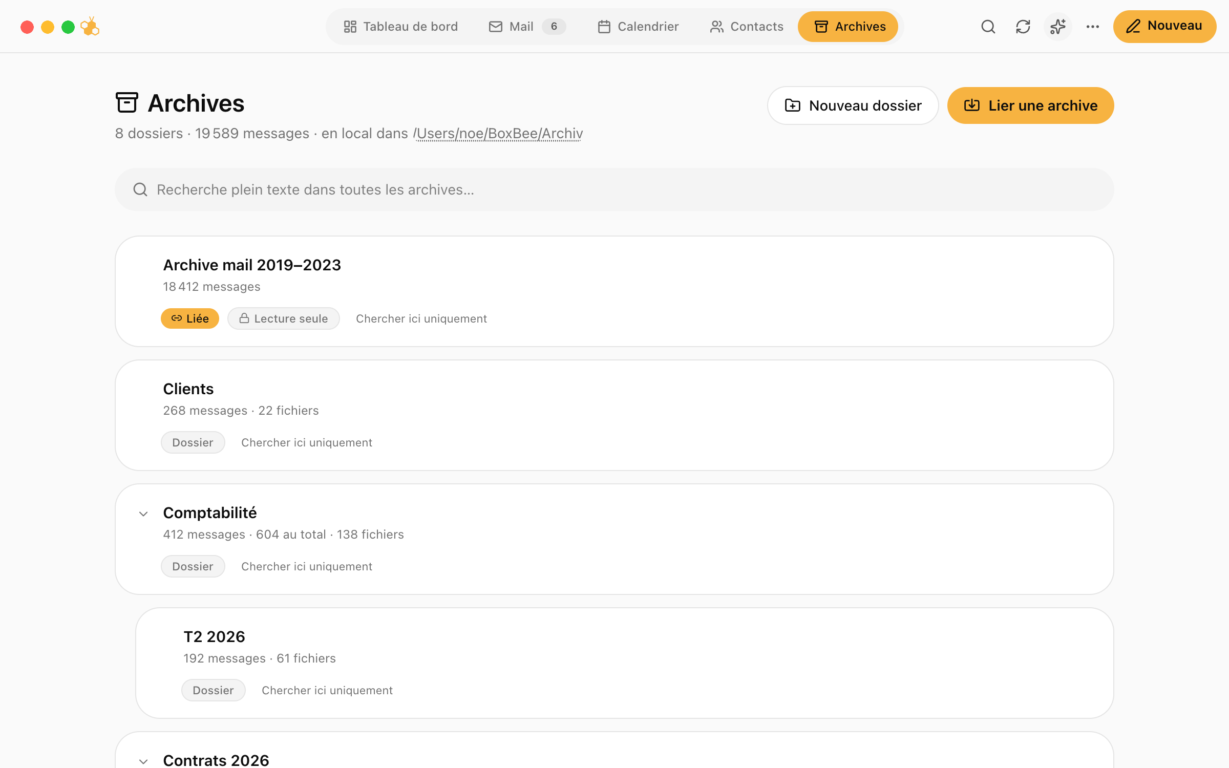 Un dossier dans BoxBee avec messages, pièces jointes et rendez-vous d'une affaire