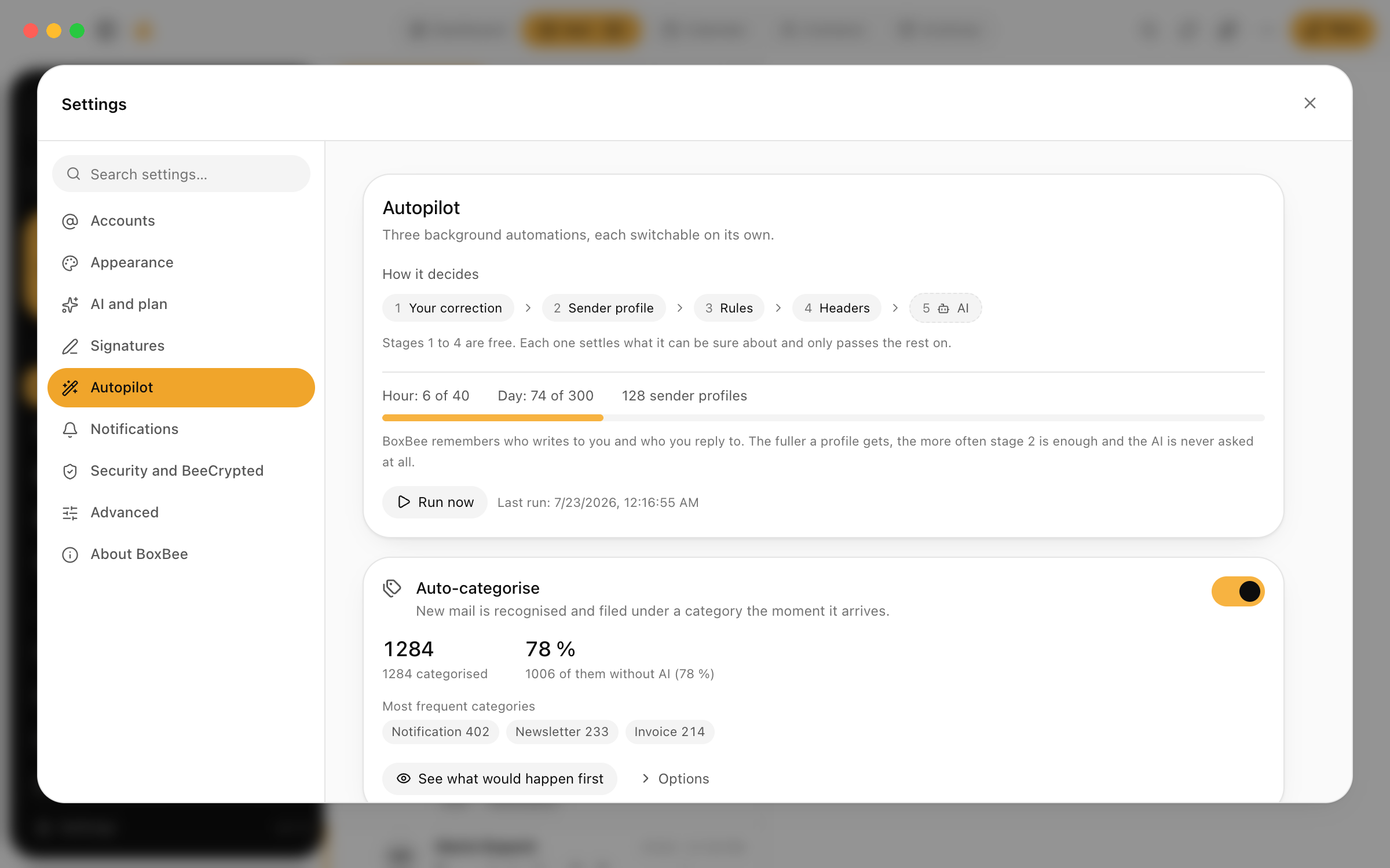 The autopilot settings in BoxBee with rules for filing and quarantine