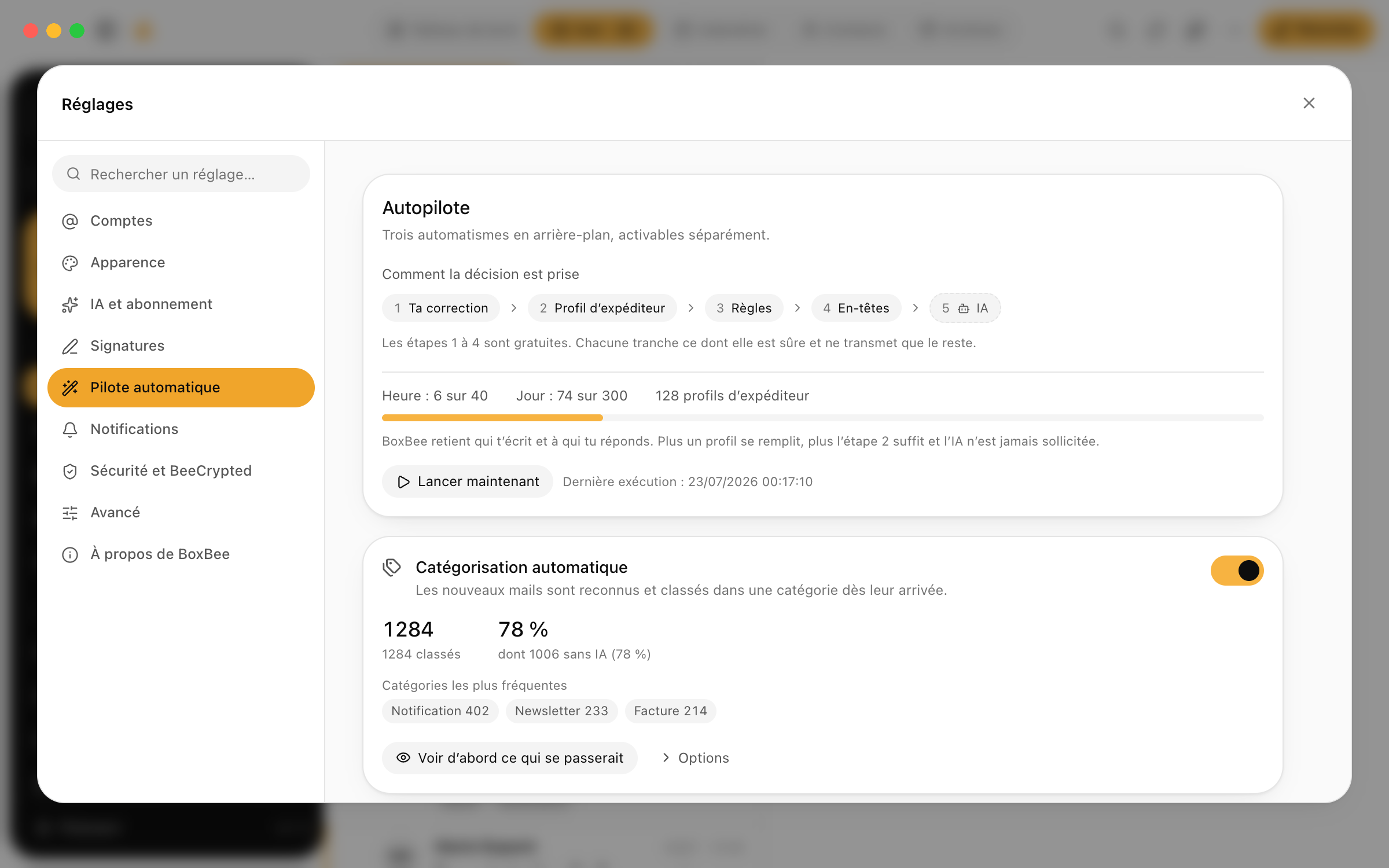 Les réglages du pilote automatique dans BoxBee, avec règles de rangement et quarantaine
