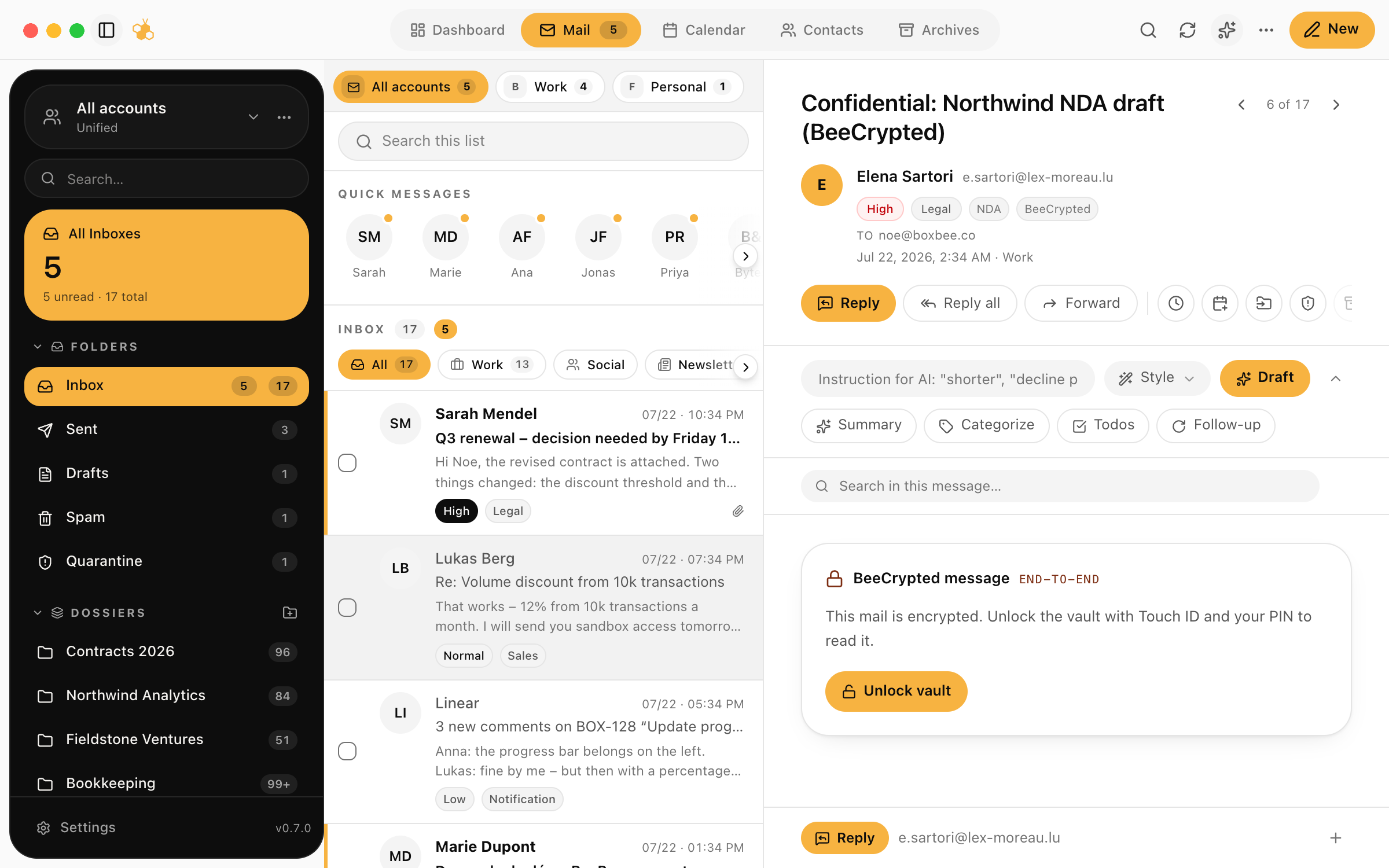 A BeeCrypted conversation in BoxBee with end to end encryption