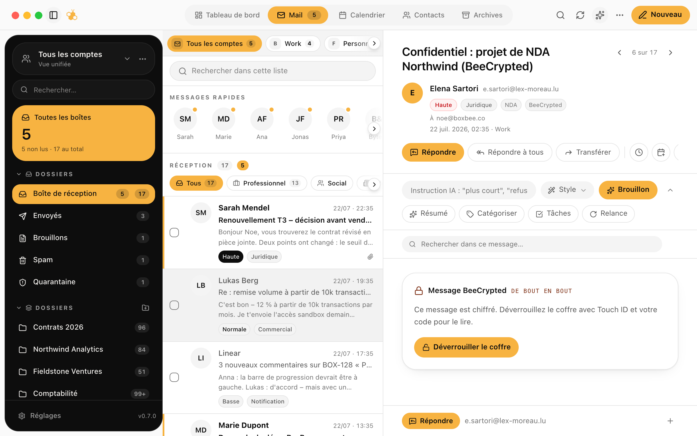 Une conversation BeeCrypted dans BoxBee, chiffrée de bout en bout