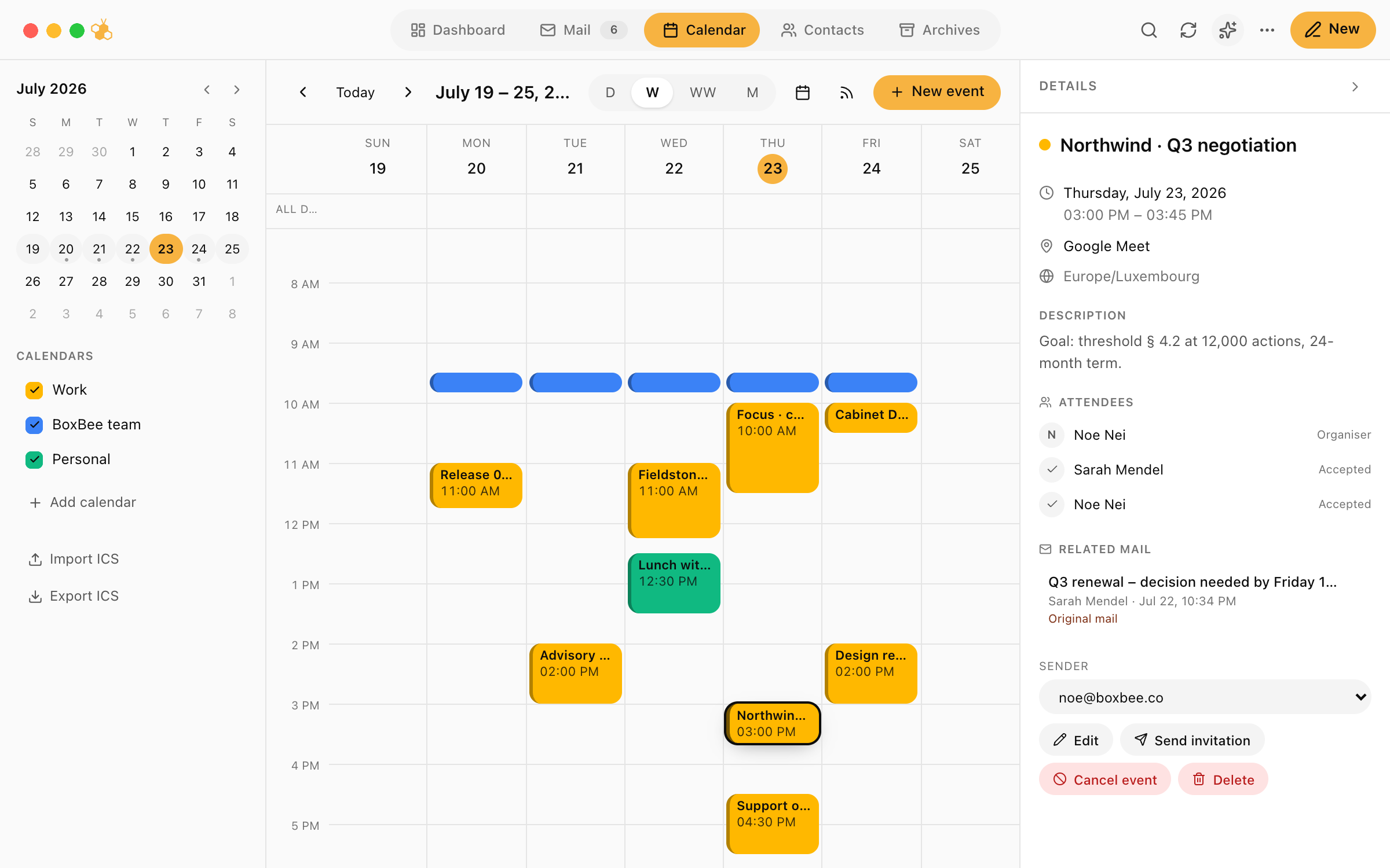 Calendar view in BoxBee with an appointment and the linked message