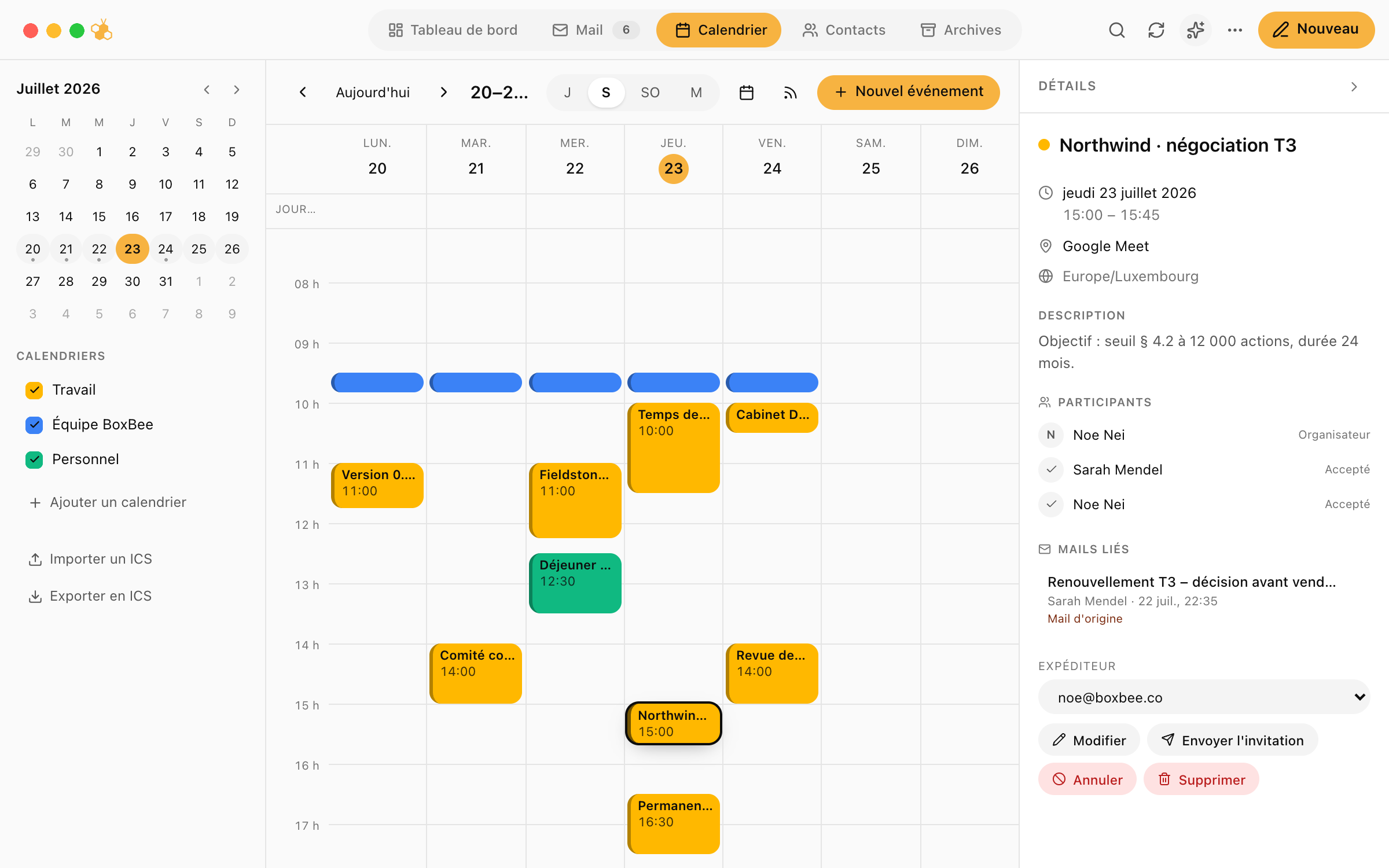 Vue calendrier de BoxBee avec un rendez-vous et le message lié
