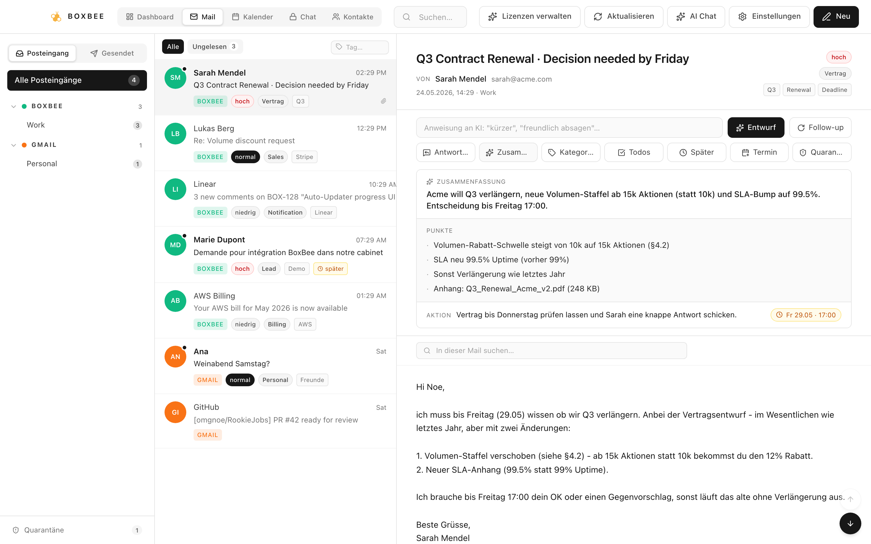 BoxBee Mail-View mit AI-Zusammenfassung