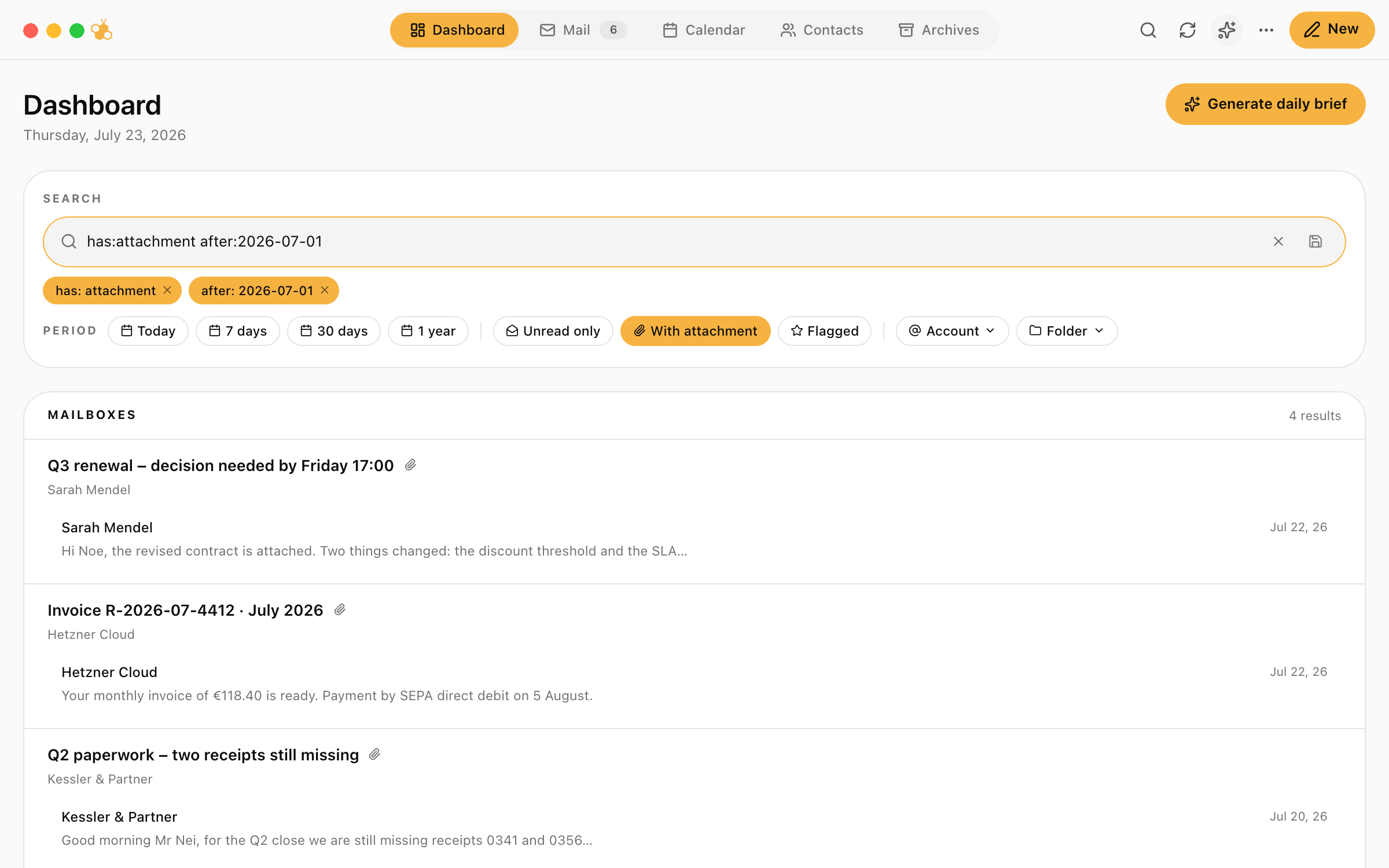 Search results in BoxBee with filters for period, sender and attachment