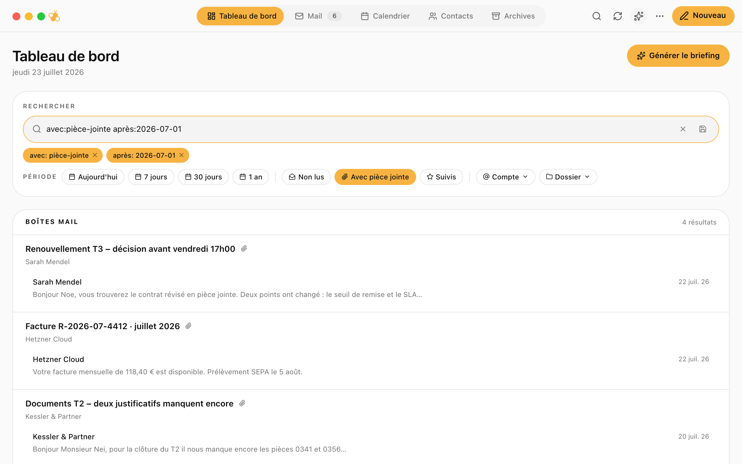 Résultats de recherche dans BoxBee avec filtres période, expéditeur et pièce jointe